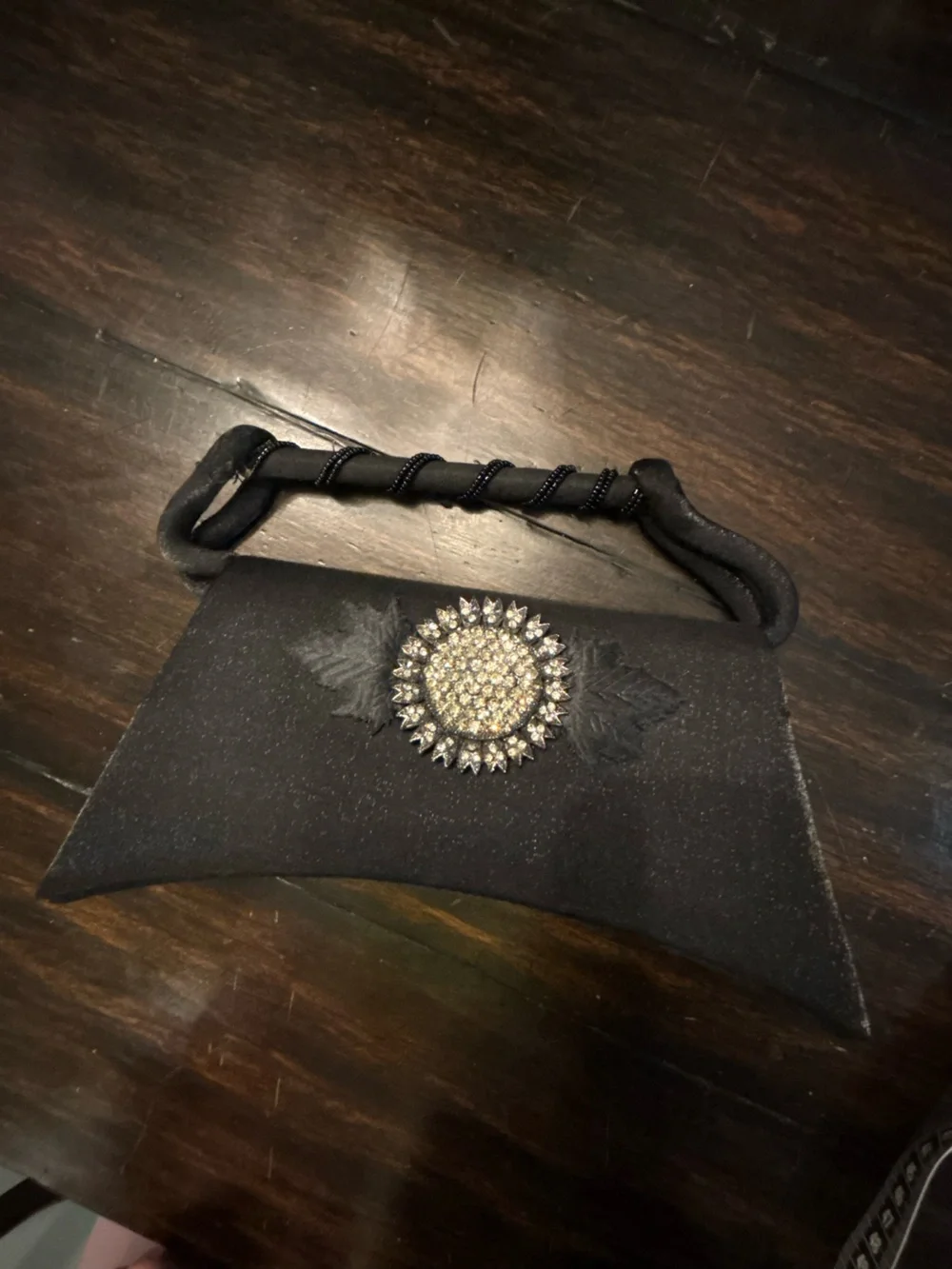 Cache Black Satin Evening Clutch with Crystal Sunburst